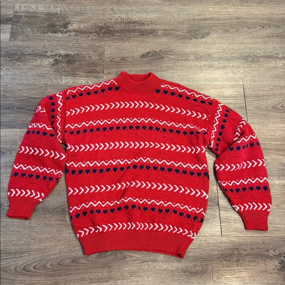 Vintage American Pride Charming Heart Pattern Fair Isle Sweater Red White Size S